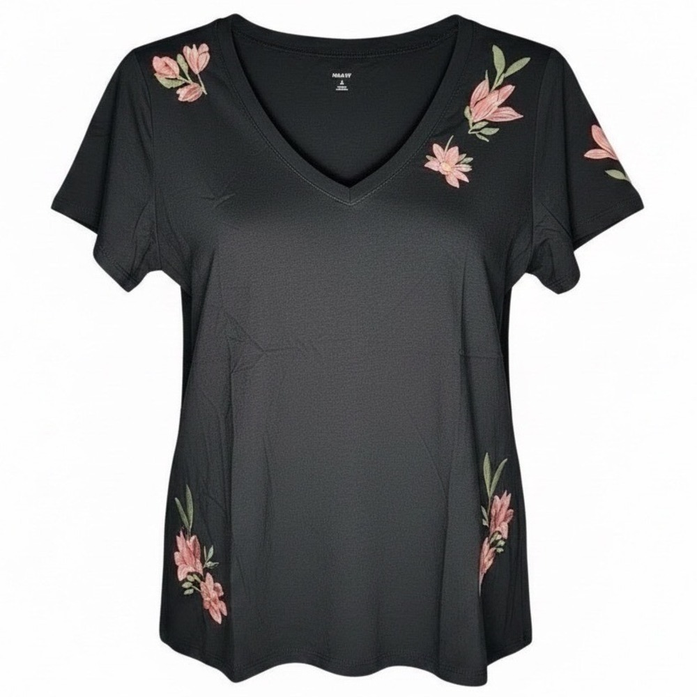 TORRID Black Classic Cotton V-Neck Tee w/Embroidered Flowers NWT Size 4X